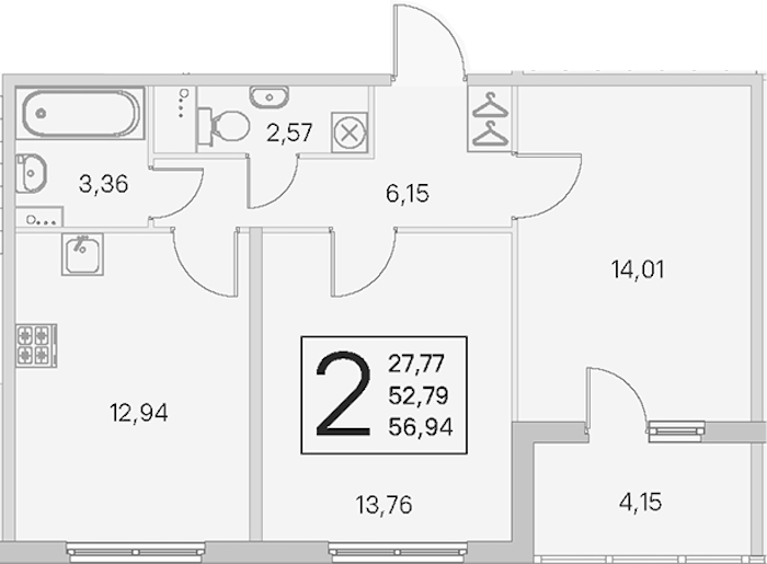 2-комнатная квартира 52.79 м², 1/4 эт., ЖК «Любоград в Стрельне»